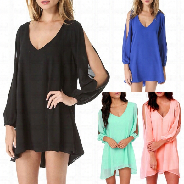 Stylish Lady Women V-neck  Split Long Sleeve Chiffon Casual Loose Above Knee Ddress