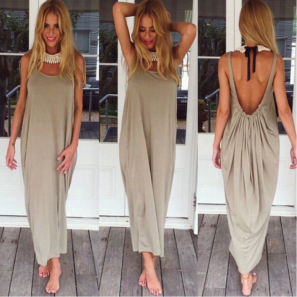 Stylish Lady Women's Fashion Casual Sleeve Pesss Baacckless Loose-fitting Long Maxi Party Sexy Dress