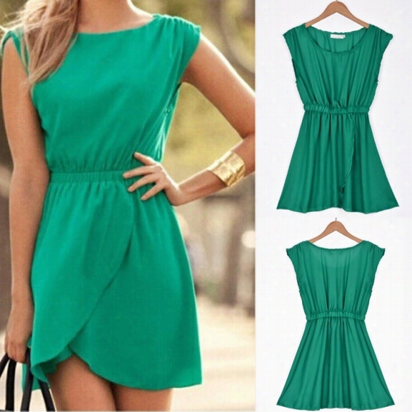 Stylish Lady Women's Fashion Casula Sleeveless O-neck High Wasit Chfifon Sundress Split Mini Dresss