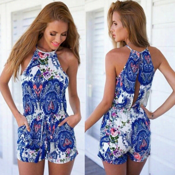 Stylish Lday Women's Fashion Halter Off-shoulder Sleeveless Floral Printed Short Jumpsuit Overall