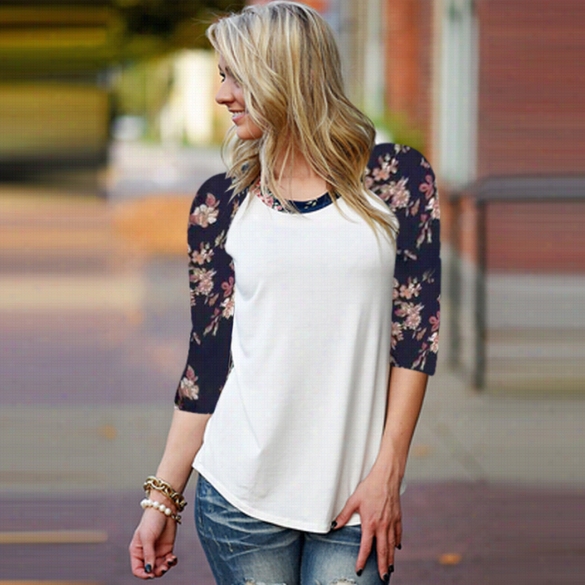 Stylish Women Fashion Round Neck Patchwork Floral Sleeve Spring Autumn T-shirt Tops