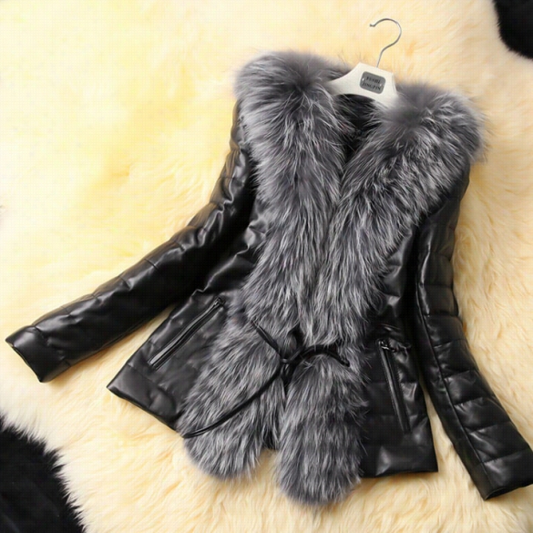 Stylish Women Female Faux Fur Leather Coat Jacket Outwear Warm Outerwear Black