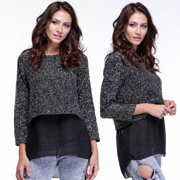 Stylish Womej's Long Sleeve False Two Piece Arise Knitwear Top Blouse