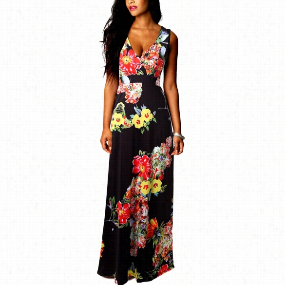 Sum Mer Beach Women V-neck Sleeveless High Waist Patchwork Floral Maxi Dress