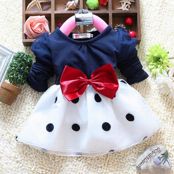 Summme Rids Girl's Long Sleeve Dot Bowknot Organza Patchwork Dress