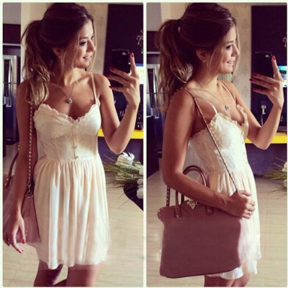 Summer Lady Lace Splice Dress V-neck Sling Strap Chiffon Splicing Mini Vest Dress