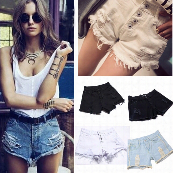 Vintage Retropants High&qout;low Waist Jeans Tassel Hole Jeans Den1m Shorts Female