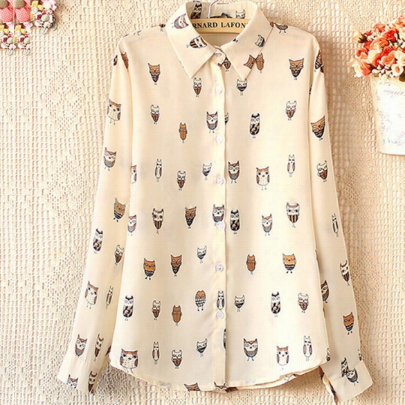 Woman Girl Trendy Collar Owl Print Chiffon Loong Sleeve Blouse Toop Shirt