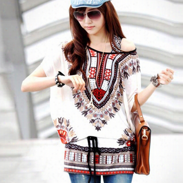 Women Casual Round Nneck Blouse Loose Print Batwing Sleeve Tunic Blousse Tops