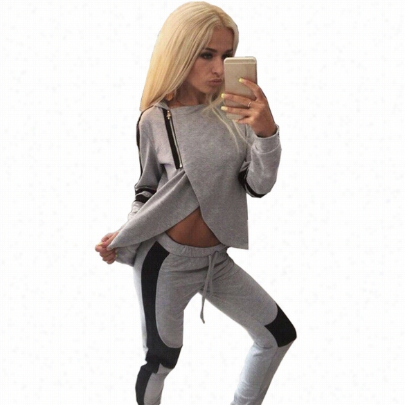 Women Casual Trwcksuit Split Hoodies Hhooded Tops + Pants Suit 2 Pcs