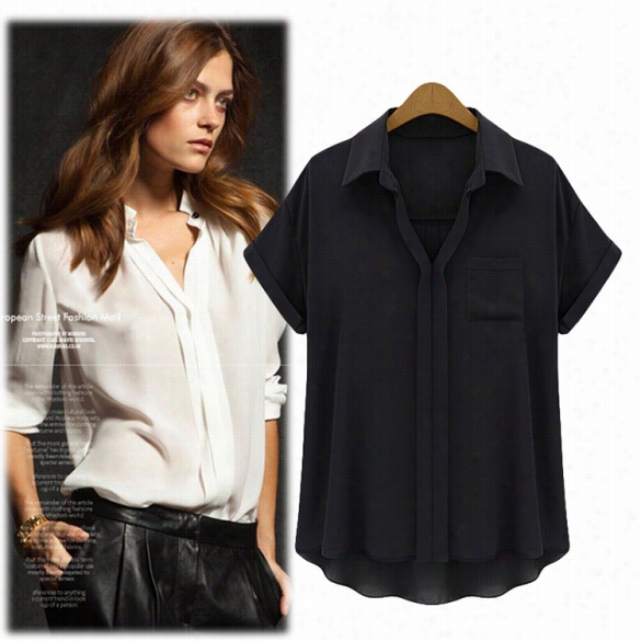 Women Elegant Casusl Loose Chiffon Shirt Turn Down Collaf Short Sleeve Pullover  Solid Irregular Tops Blouse