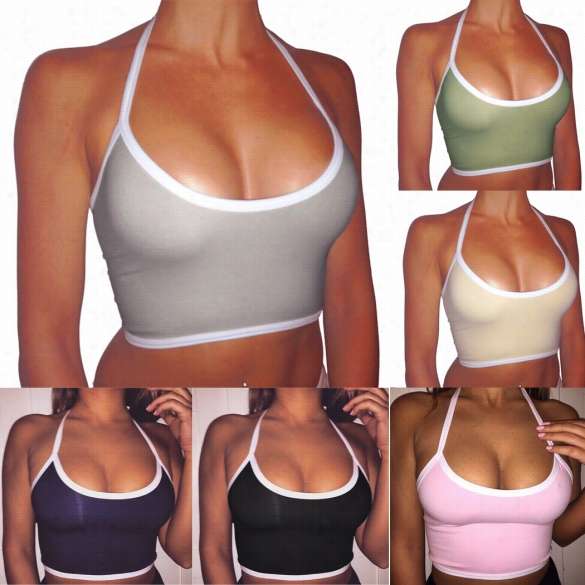 Women Fsshion Casual Halter Neck Sleeveless Solid Stretch Sports Yoga Bustier Crop Tops