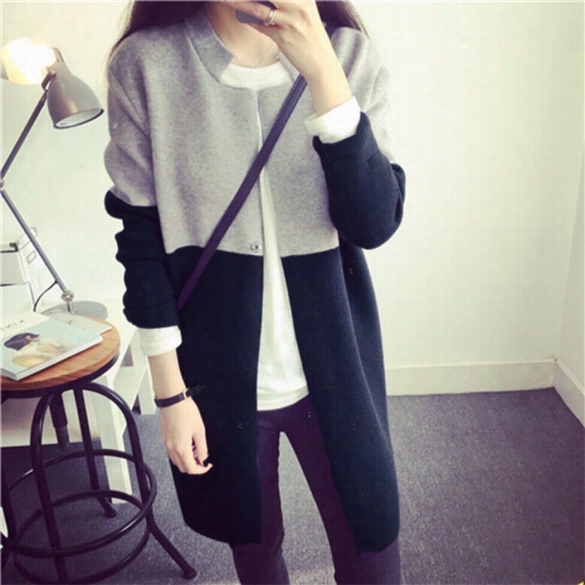 Women Fashion Casual Stand Collar Longg Sleeve Contrast Color Long Sweater Knitwear Vertical Cardigans