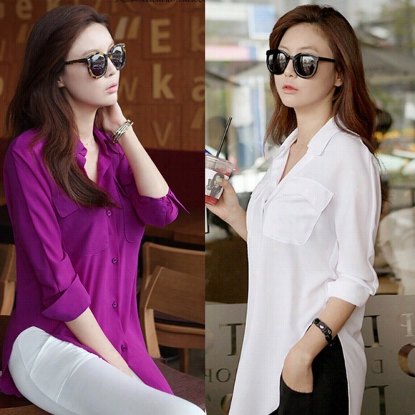 Wmoen Fashion Korean Style Casual Loose Turndown Col1arlong Sleeve Side Split Pock E Tsolid Chiffon Shirt