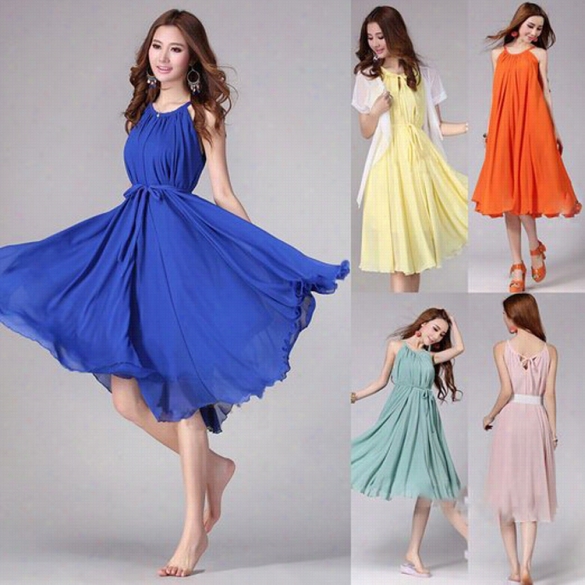 Women Fashion Loose Chiffon Make Full  Neck Halter Sleeveless Solid A-line Dress  With Belt