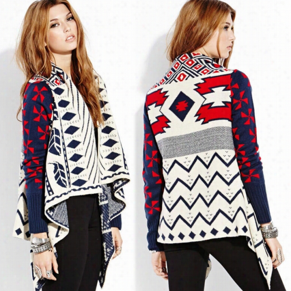 Womwn Fashion Multi Navy Draped Coll Ageo Tribal Pattern Casual Cardigan