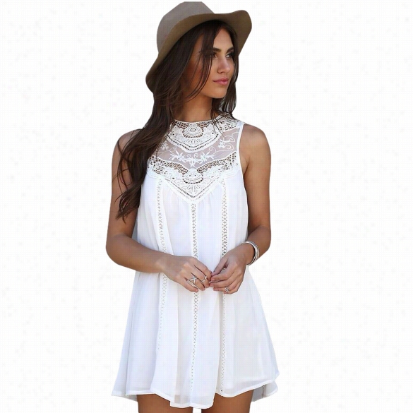Womwn Fashion Sexy Accidental Loose Chiffon Sleeveless Hollow Crochet Lace Patchwork Solid A-lne Short Dress