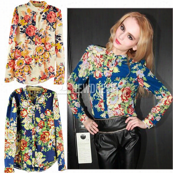 Women Long Sleeve Ffloral Figure Cardigan Chiffon Blouse Tops Hirts 2colos