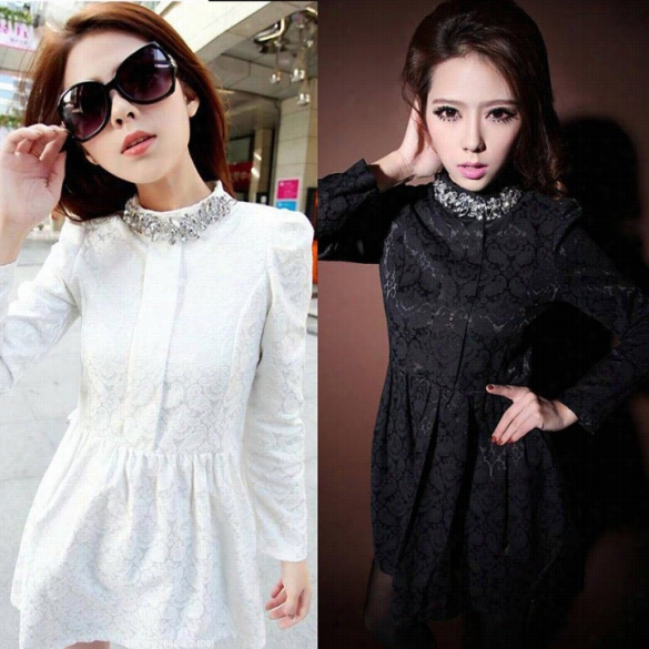 Women Long Sleeve Lace Bottoming Slim Dress Stand Collar  Rhinestone