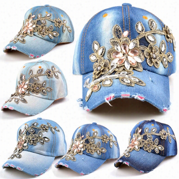 Women Luxury Rhinestone Flower Denim Peakked Ba Seball Tennis Dajustable Hat Cap