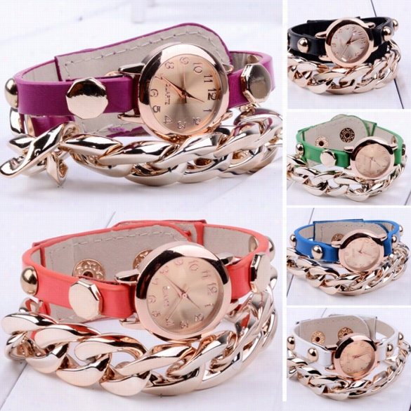 Women Prostitute Go Ld Plated Multicolor Wristwach Synthetic Leather Chain Watches