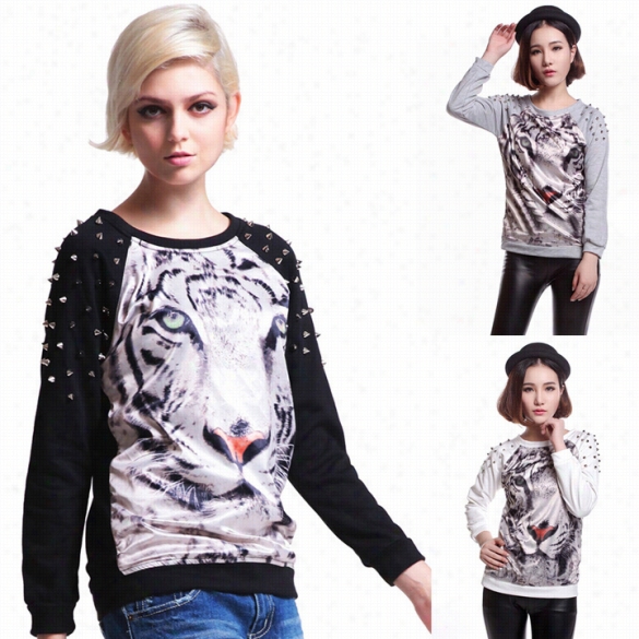 Women Punk Shoulder Rivets Tiger Print Hoodie Tops Sweatshirt Pullover