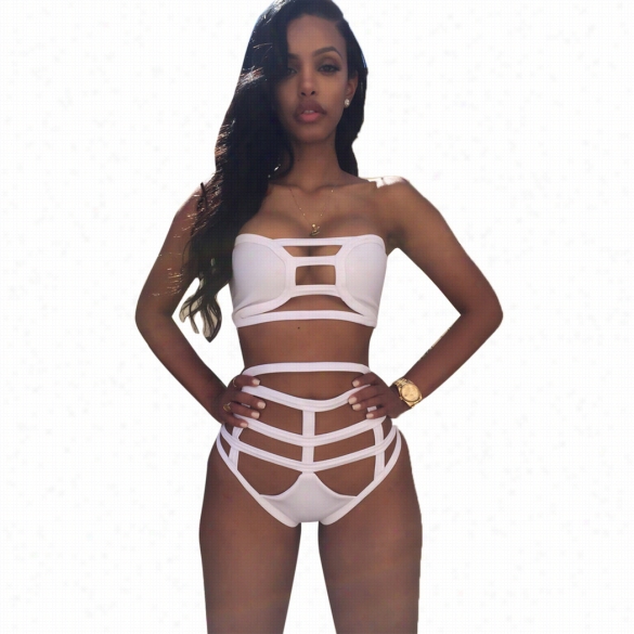 Women Sexy Two Pieces Swimwear Strapless Sleeveless High Waist Hollow Solid Beach Wear Monokini