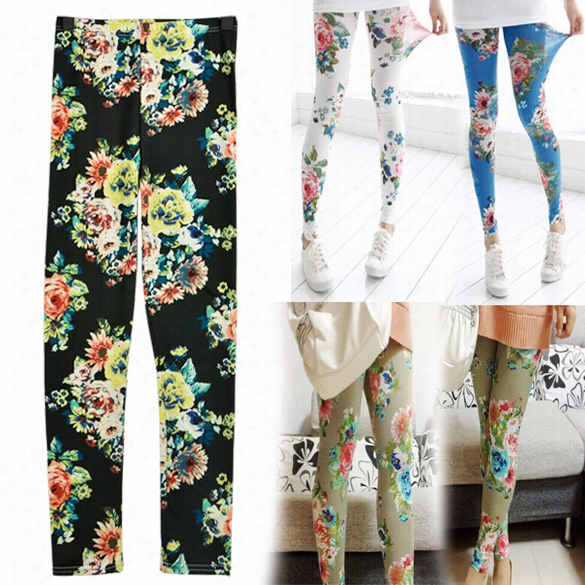 Women Soft Color Flora Print Twill Wave Skinny Ninth Leggings Pants 4colors