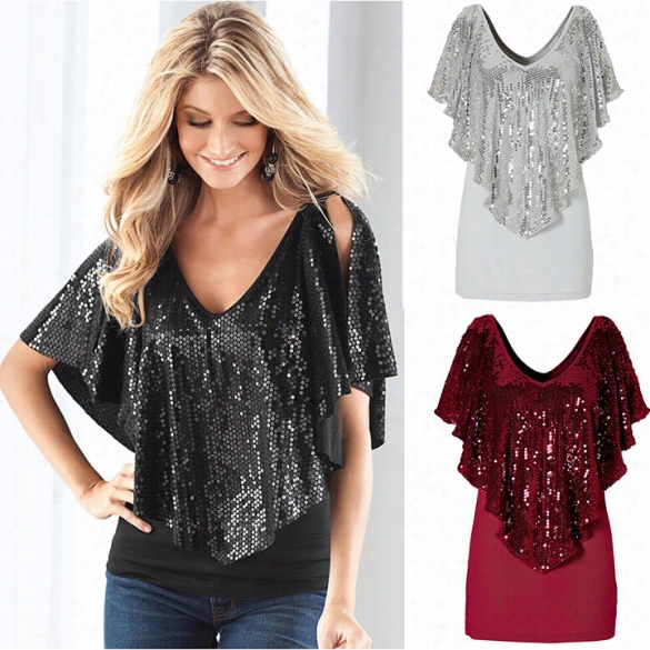 Women Spangle Sequin Sparkle Glitter Tank Top Blouse Short Sleeve T-shirt