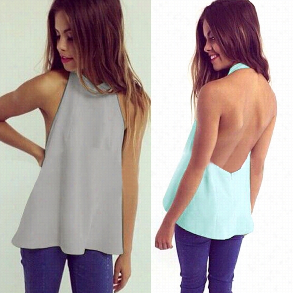 Women Summer Casual Chiffon Halter Sleeveless Backlesss Wealthy Blouse Top