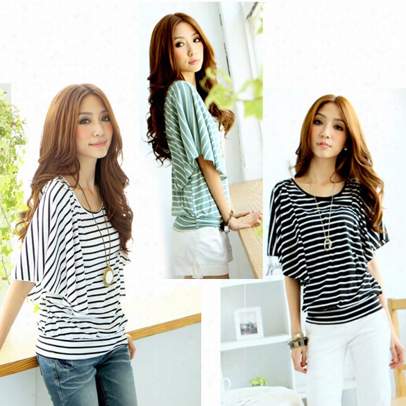 Women Summer  Cotton Short Sleeve O -neck Stripe Casual Tops T-shirt 3colors