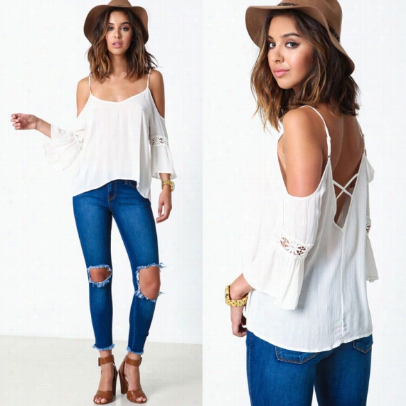 Women Summer Elegant White Crochst Bell Sleeve Backless Shirt Tops Blouse