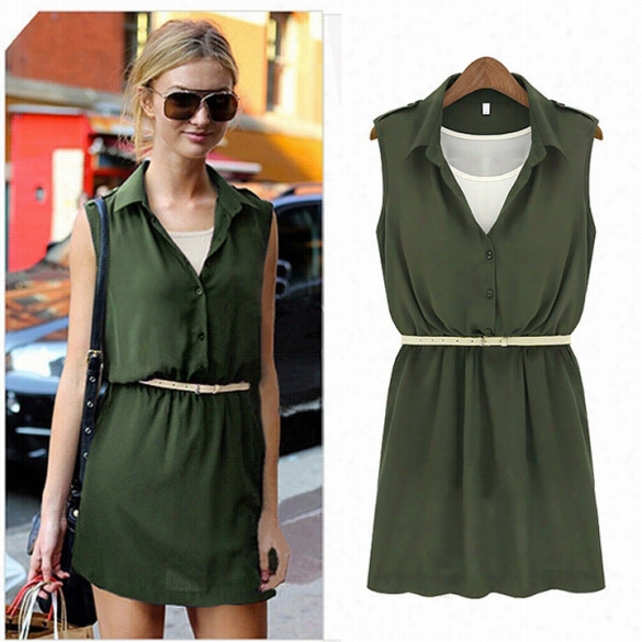 Women Summer Sleeveless Button Lapel Tunic Sleeveless Chiffon Shirt Dress Tops Blouse With Belt