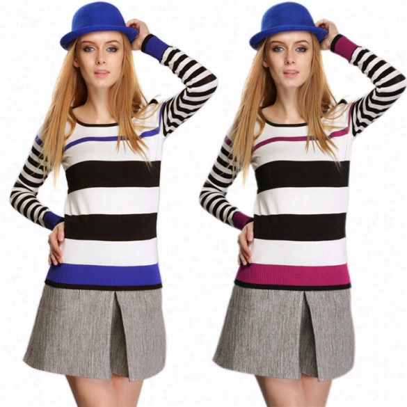 Women's Autumn Winter New Korean Style Fashion Casual Long Sleeve Stripe Thon Sweater Pullover