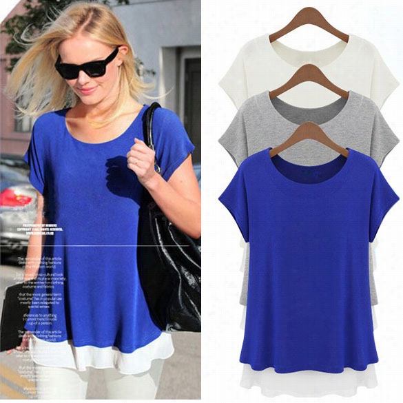 Women's Chiffon Edge Color Round Collar Short Sleeeve Loose T-shirt Blouse