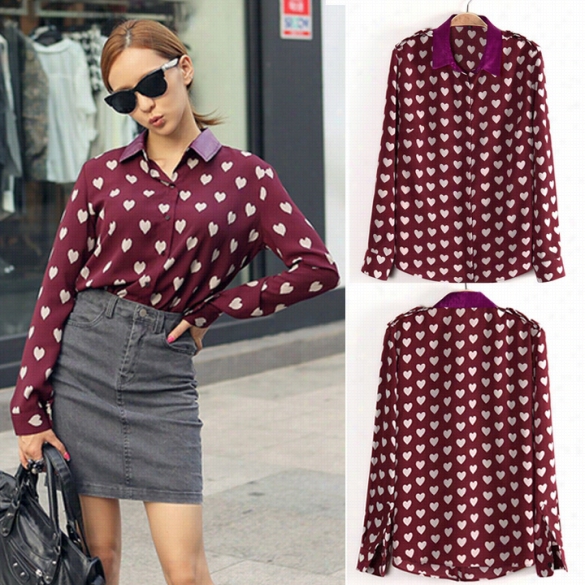 Women's Chiffon Long Sleeve Heart Stamp Lapdl Button Down T Shirt  Blouse