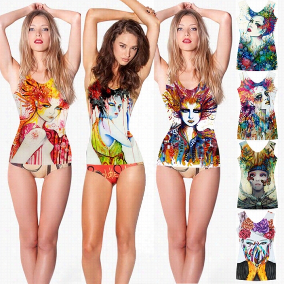 Women's Colored Painting Printing Vest Stretch Bodycon One Piece Slim Fit Tank Tops