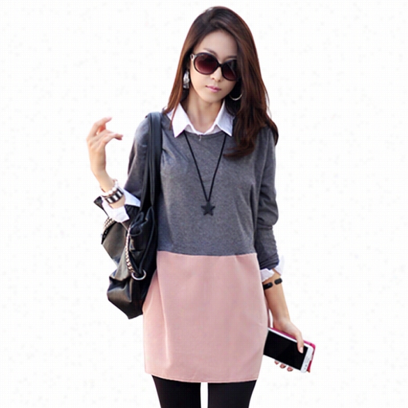 Women's Fashion Patchwork Casual Long  Sleeve Plus Size Loose Auutumn Winter Dress