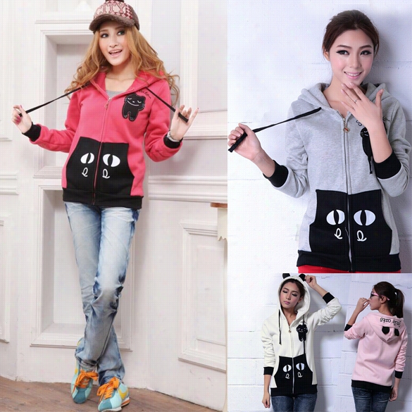 Women's Girls Fashion Cute Zip Earr Hoodie Cat Long Hooded Sweathirt Coat Ourwear