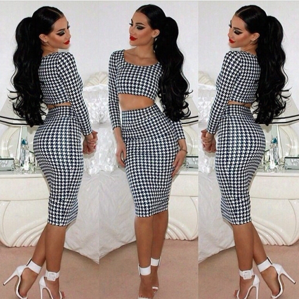 Women's Hot Fashion Bodycon Houndstooth Print 2 Piece Crop Top Drss Sexy Dresses