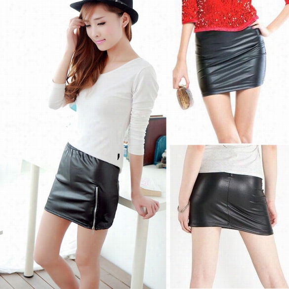 Women's Korea Stylish Slim Short Synthetic Leather Skirt High Waist