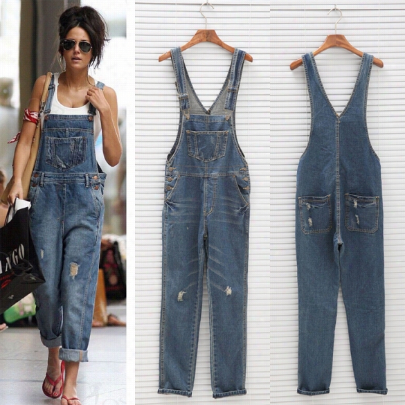 Womens Ladies Bagggy Denim Jeans Full Length Pinafore Dungaree Overall Jumpsuit