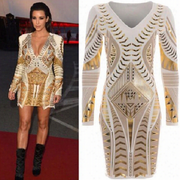 Womens Long Sleeves Ladies Stretch Gold Foil Aztec Style Bbodycon Dress Top