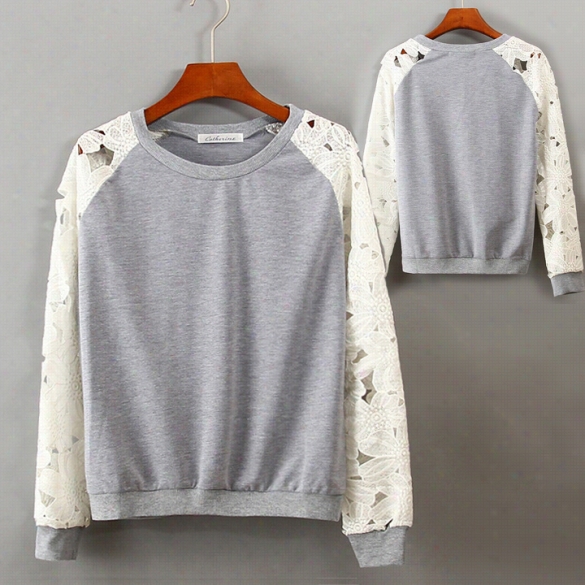 Women's New Fashion Round Nwck Lace Florl Sleeves Sweatshirts Splicing Outerwear