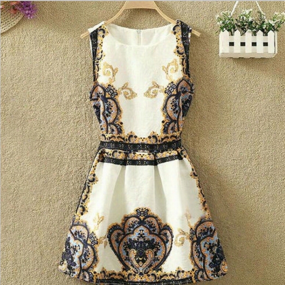 Womens Sleeveless  Mini Dress Flower Printed Company Neck Summer Dress