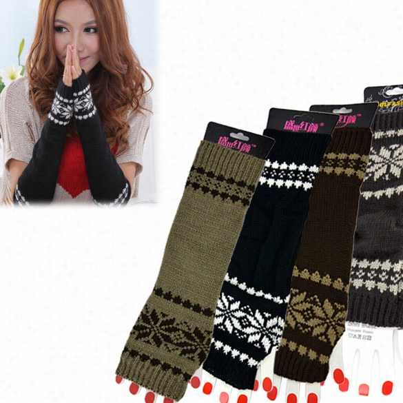 Women's Snow Pattern Braided Knit Fingerless Arm Long Gloves Warmer