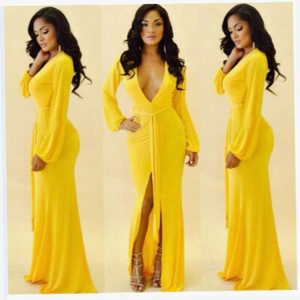 Women's Yellow Sexy Full Llength Long Sleeve Split Formal Evening Dresses Party Gown