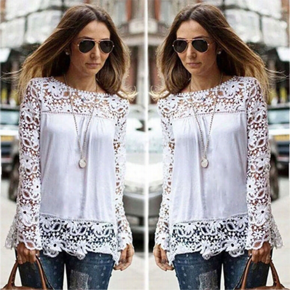 Zeagoo Lady Women Long Sleeve Lace Patchwork Flral Hollow Thoroughly Accidental Tops Blouse