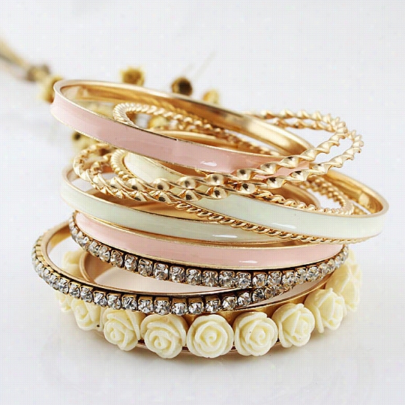 11 Pcs Jewelry Flowers Rhinestone Charm Multilayer Bracelet Golden