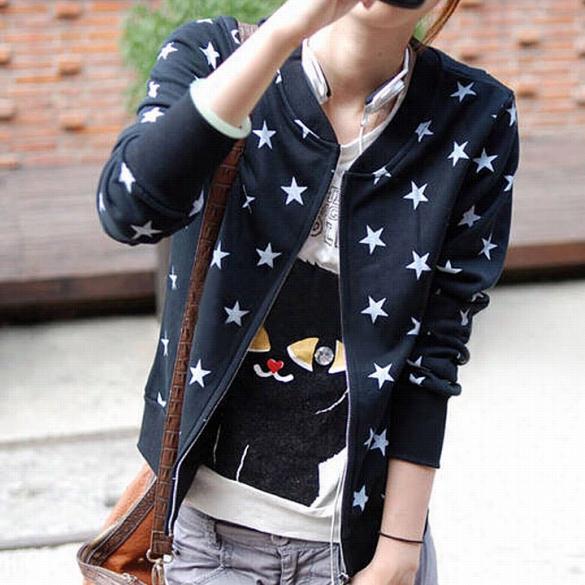 203 New Korean Women Girl Lady Casua Lstars Printing Zipper Cardigan Hoodie Tops Blouse